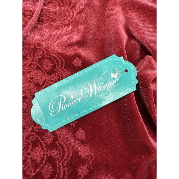 Pioneer Woman Womens Red Wine Velour Empire Waist Embroidered Tunic Shirt Small - Picture 4 of 10